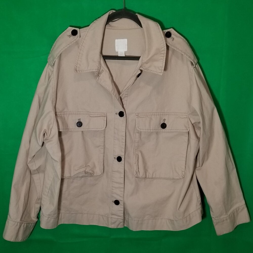 H&M Women XL Beige Safari Jacket Oversized Denim Military Utility Rugged City